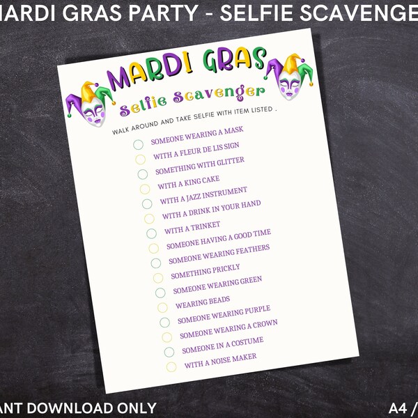 Mardi Gras/ Carnival party Selfie Scavenger hunt  game for fun activity with friends & family - Picture scavenger hunt - INSTANT DOWNLOAD