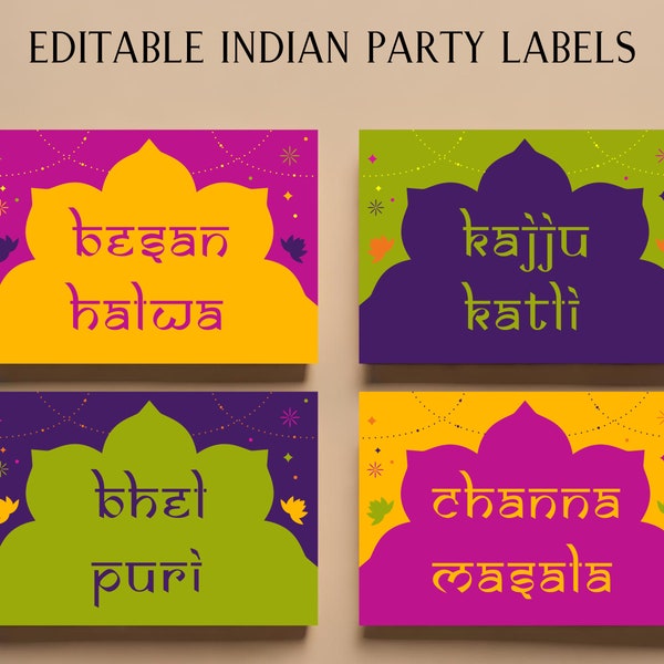 Editable Indian/Bollywood party labels/signs - Use for Diwali, holi or any Desi theme wedding or fun party - DIGITAL DOWNLOAD ONLY