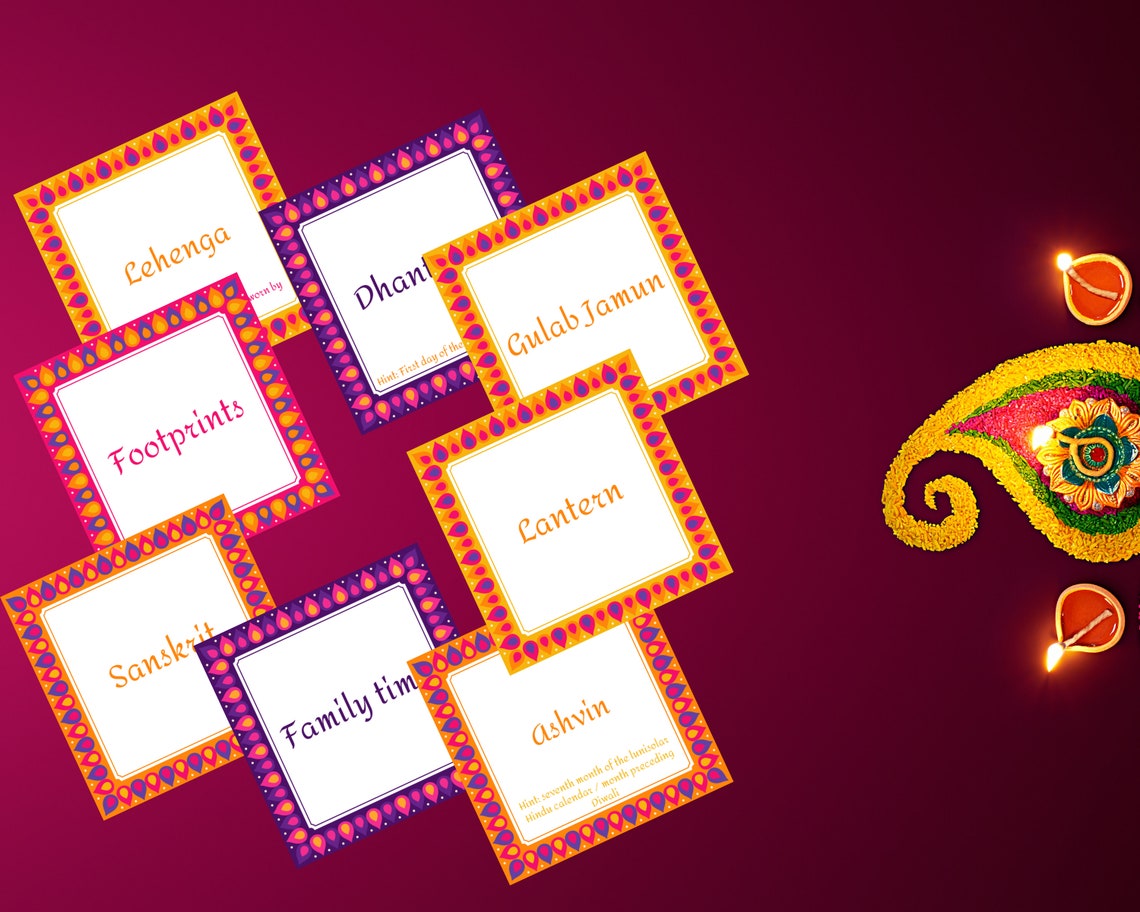 Diwali Charade Pictionary Game: 70 Cards, Indian Holiday (instant ...