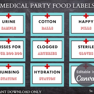 Medical party food signs or labels for a fun decoration - Use for Nurse/ Doctor Birthday, Team, Graduation or Retirement - INSTANT DOWNLOAD