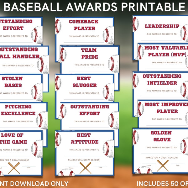 Baseball Geburtstag / Ende der Saison Auszeichnungen druckbar für Kinder-Team-Party-Spaß - Enthält 50 Optionen - 8,5x 11 oder A4 Größe - SOFORTIGER DOWNLOAD