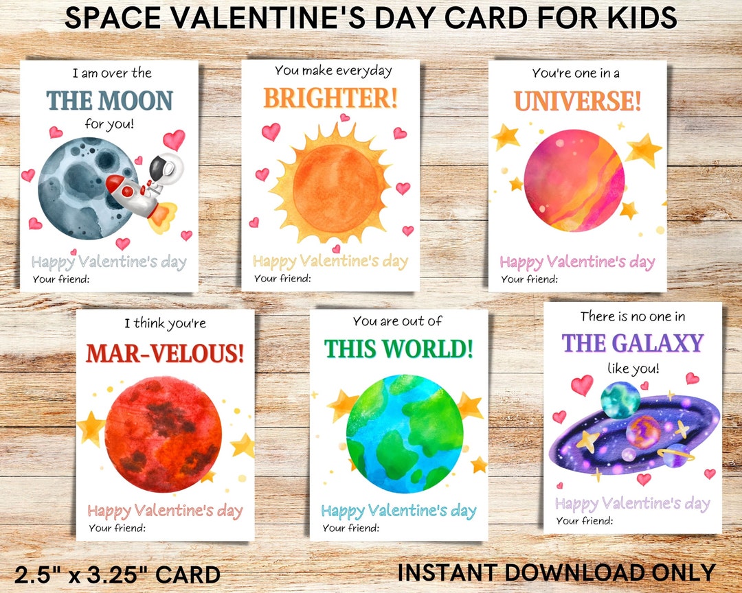 Space Valentine's Day Cards for Kids- Use for Classroom/ Daycare ...
