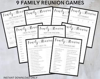 May include: Nine printable family reunion game cards with black and white text and hearts. The games include "Find Someone Who", "Movie Race", "Scattergories", "Finish the Phrase", "What's on Your Phone", "Family Trivia", "Most Likely To", "Selfie Scavenger Hunt".