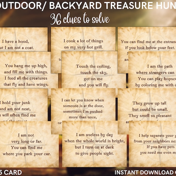 Outdoor or backyard scavenger/ treasure hunt clue game  - Use for Pirate, Mermaid, adventure party - 36 clue options - INSTANT DOWNLOAD