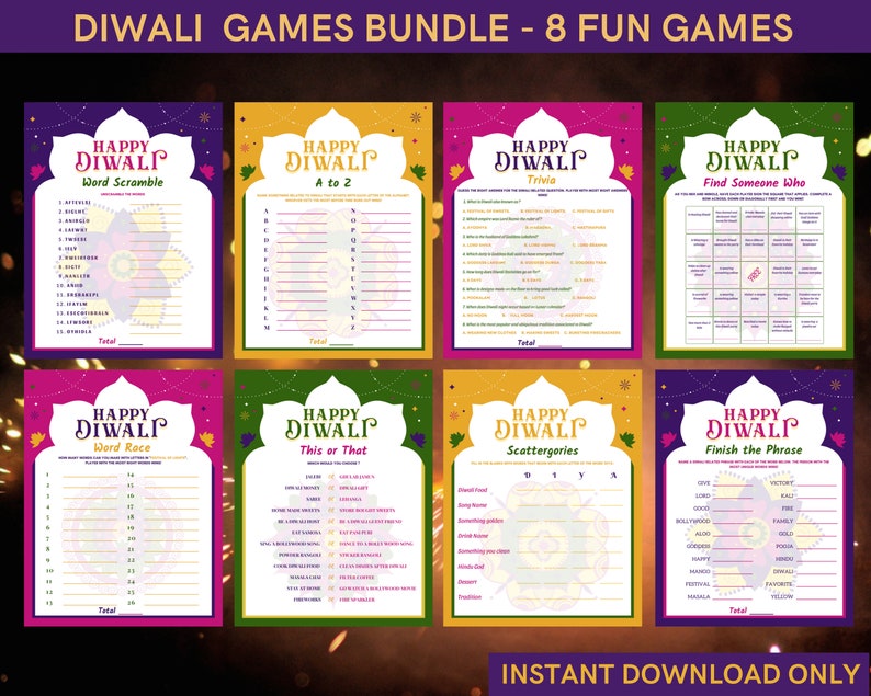 May include: Eight printable Diwali game cards with a colorful design. The cards feature the text 'Happy Diwali' and the names of the games: Word Scramble, A to Z, Word Race, This or That, Trivia, Find Someone Who, Scattergories, and Finish the Phrase. The cards are designed to be printed and used for a Diwali party or celebration.