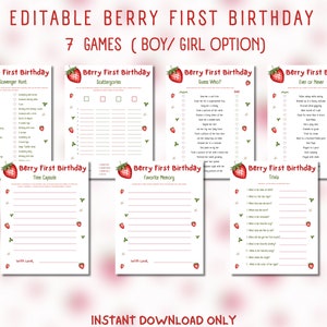 Puede incluir: Cartas de juego imprimibles para una fiesta de primer cumpleaños con temática de bayas. Las cartas presentan una ilustración de fresa roja y el texto "Berry First Birthday". Los juegos incluyen "Selfie Scavenger Hunt", "Scattergories", "Guess Who", "Ever or Never", "Time Capsule", "Favorite Memory" y "Trivia".