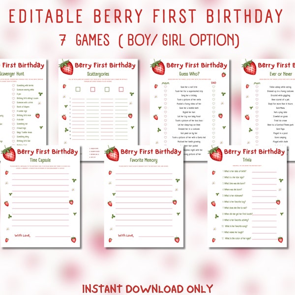 Berry first birthday games bundle for fun party activity - Use for  1st boy or girl birthday party - INSTANT DOWNLOAD