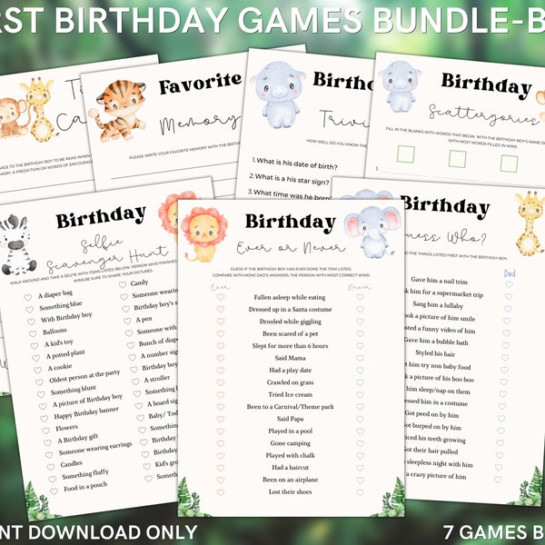 Boy First Safari/ Animal Birthday games bundle for fun party activity - Use for 1st or toddler birthday  - INSTANT DOWNLOAD