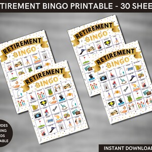 Retirement Bingo game for an office, teacher, nurse retirement party - Includes 30 sheets and calling cards - INSTANT DOWNLOAD