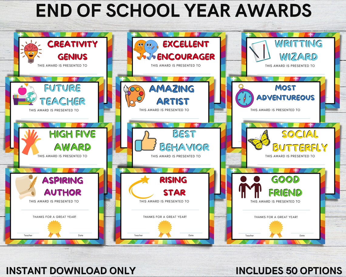End of School Year Awards Printable for Last Day of Class 50 - Etsy