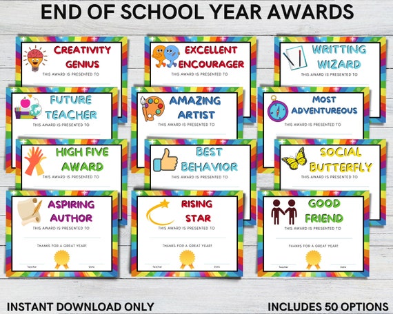 End of School Year Awards Printable for Last Day of Class 50 - Etsy