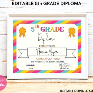 Regenbogen 5. Klasse Diplom / Zertifikat zum Ausdrucken - Ende des Schuljahres / Abschluss der 5. Klasse - Bearbeiten, um den Namen des Kindes hinzuzufügen INSTANT DOWNLOAD