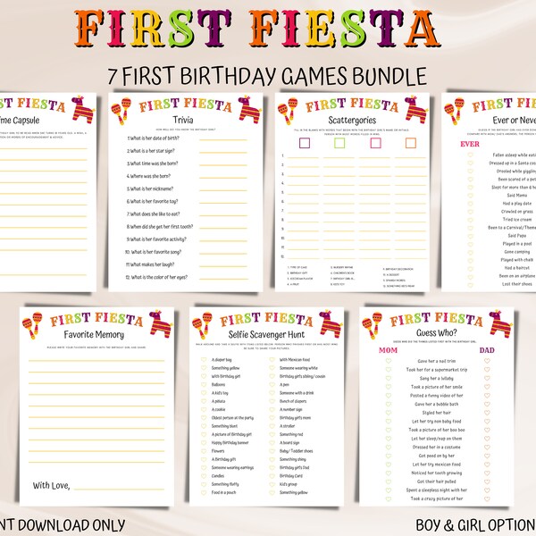 Editable First Fiesta birthday games bundle for fun party activity - Use for 1st boy or girl birthday party - INSTANT DOWNLOAD