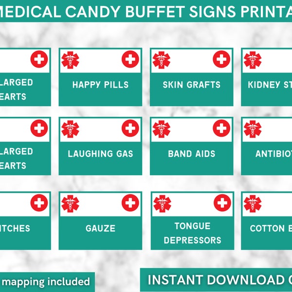 Nurse/ Doctor party candy signs for graduation, birthday or retirement - Use for any medical theme party - Includes 20 table signs