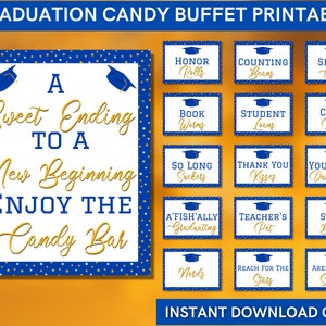 Letreros imprimibles para buffet de dulces de graduación en azul, dorado y amarillo. Decoración para fiesta de graduación para mesa de dulces. DESCARGA INSTANTÁNEA.