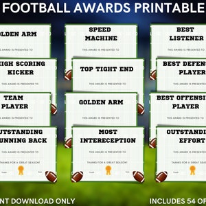 American Football/ Flag football birthday or end of season awards printable for kids team party fun - Includes 55 options - INSTANT DOWNLOAD