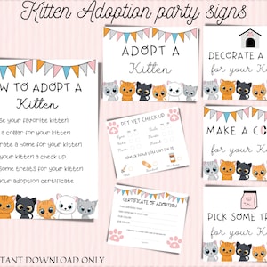 Kitten adoption party signs for kids Cat Love Birthday Kitty/ Fur baby adoption party printable Adopt a Pet party INSTANT DOWNLOAD ONLY image 1