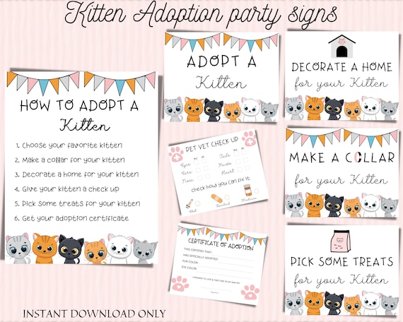 Kitten Adoption Party Signs: Pet Birthday Printables (Instant Download)