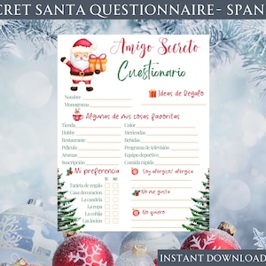 May include: A printable Secret Santa questionnaire in Spanish, featuring a festive design with a Santa Claus illustration and Christmas tree accents. The form includes sections for favorite things and gift ideas, perfect for holiday gift exchanges.
