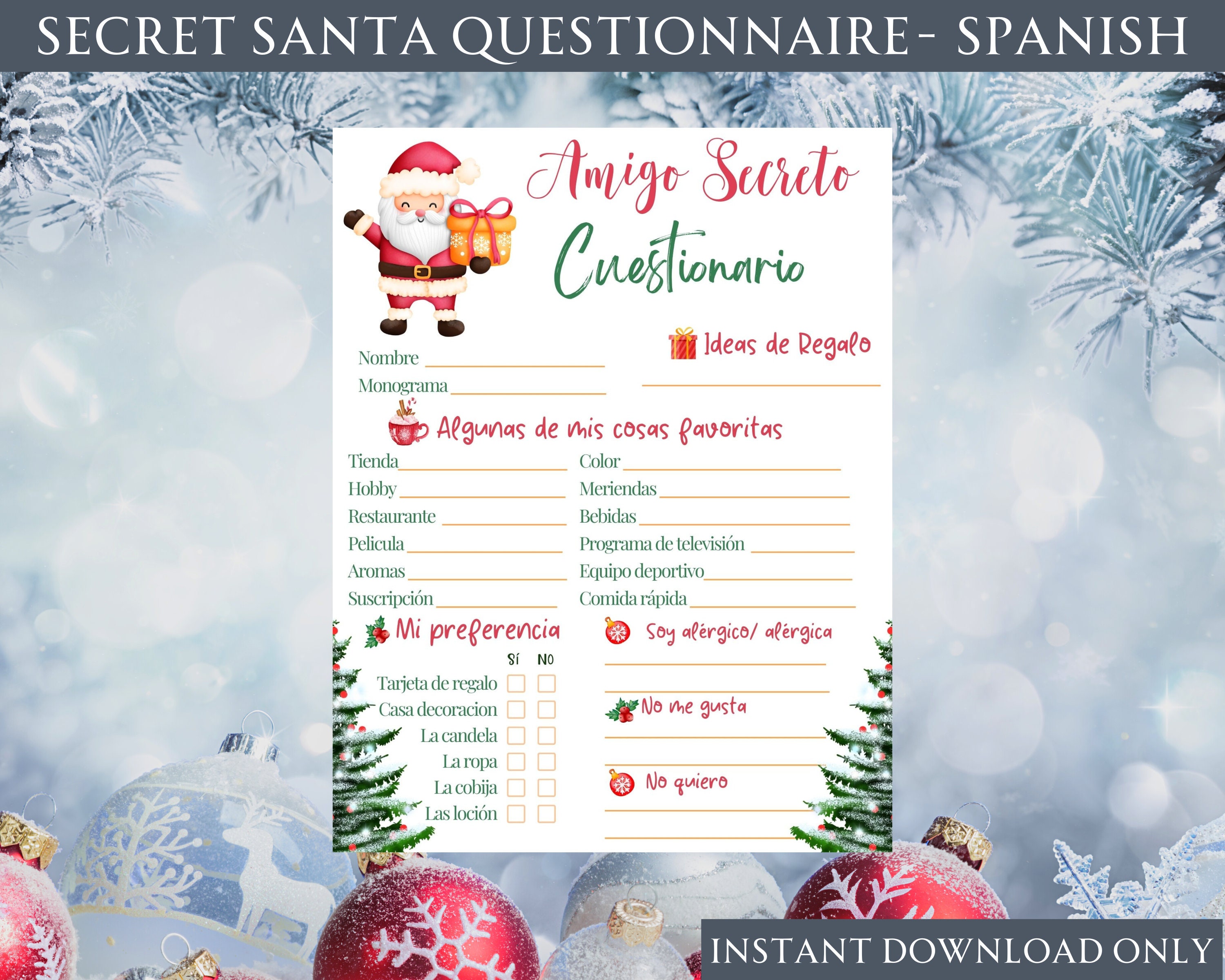 Secret Santa questionnaire (Amigo Secreto) Printable -PDF Instant Download  (Spanish version)