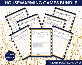 May include: A set of seven printable housewarming party games with a navy blue and gold striped background. The games include "The Price is Right", "Word Scramble", "Word Race", "Home Hunt", "Scattergories", "Finish the Phrase", and "A to Z".