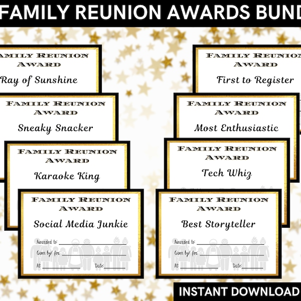 Family reunion awards printable bundle  - Use for family gathering or reunion - 60 awards (one empty ) included - INSTANT DOWNLOAD