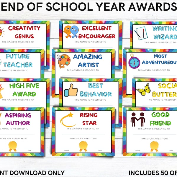 End of school year awards printable for last day of class  - 50 fun options to choose - 8.5x 11 or A4 size - INSTANT DOWNLOAD