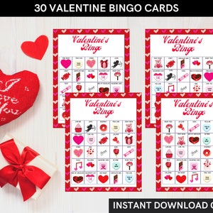 Afdrukbare Valentijnsbingokaarten voor een leuke activiteit met kinderen, familie of vrienden - 30 afdrukbare vellen inbegrepen - Direct downloaden