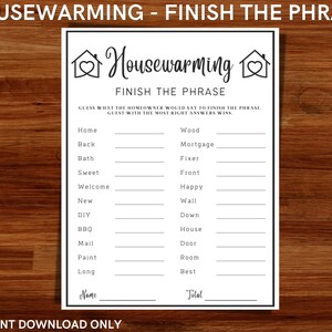 Housewarming finish the phrase game for a new home or move in party - Game to celebrate new home/ apartment/ townhome - INSTANT DOWNLOAD