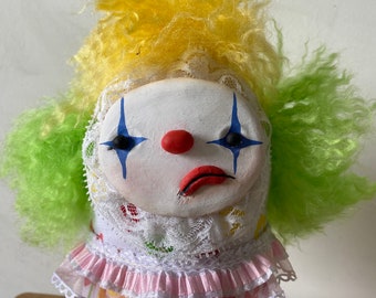 Sad Silly Green-haired Flowery Clown Doll Plush Figurine.