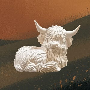 May include: A white ceramic Highland cow figurine in a reclining pose. The sculpture features detailed fur, horns, and a gentle expression. The background has a gradient of brown, black, and gold tones.