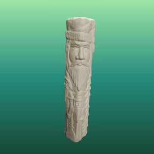 May include: A carved, off-white wooden sculpture of a bearded man wearing a hat. The sculpture is a vertical column with detailed carvings of the man's face, beard, and clothing. The background is a gradient of green.