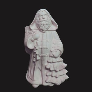 May include: A light pink Santa Claus figurine, wearing a hooded robe and holding a sack and a small Christmas tree. The figure has a long white beard. The figurine is set against a black background. The figurine is made of a solid material.