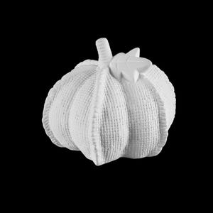 Puede incluir: Una escultura de calabaza blanca texturizada con detalles de tallo y hoja. La calabaza tiene un diseño acanalado y está sobre un fondo negro. Ideal para la decoración de otoño o exhibiciones de temporada.