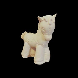May include: A ceramic horse figurine in an off-white color. The horse has a saddle and a detailed mane and tail. The figurine is standing on four sturdy legs, with a black background.
