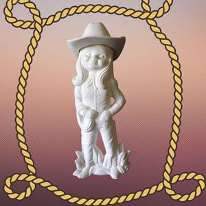 May include: A white ceramic figurine of a cowgirl wearing a hat, shirt, and pants, holding a rope. The figurine is surrounded by a yellow rope design against a gradient background.