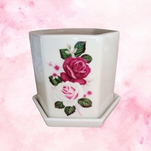May include: A white hexagonal ceramic planter with a matching saucer. The front of the planter features a floral design consisting of one deep red rose and one white rose with pink accents, surrounded by green leaves and small pink blossoms.