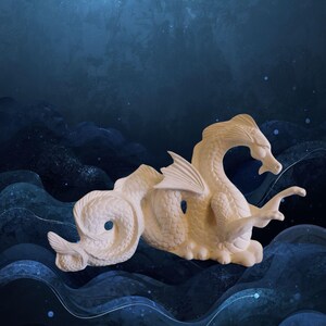 May include: A cream-colored ceramic sea serpent sculpture with a detailed design. The mythical creature has a serpentine body, wings, and a dragon-like head. The sculpture is set against a dark blue, wavy background.