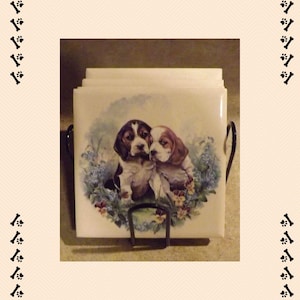 Set of 4 coasters with Puppy design (Holder included)