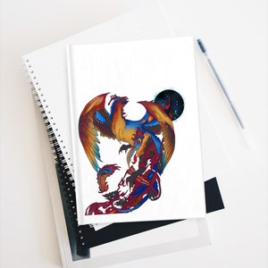 May include: A colorful phoenix with red, orange, yellow, blue, and purple feathers is depicted in a stylized illustration. The phoenix is surrounded by a swirling, abstract design in shades of red, orange, and purple. The phoenix is facing left and has its wings spread wide. A black and white circle with stars is in the background.