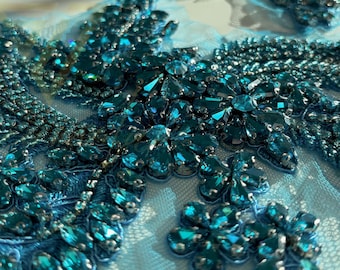 High-Quality Beaded Rhinestone Appliques for Fashion Design - Pacific Blue