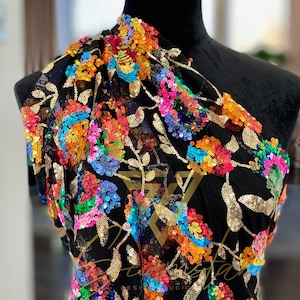 Colorful Floral Sequin Lace Fabric by the Yard -Black