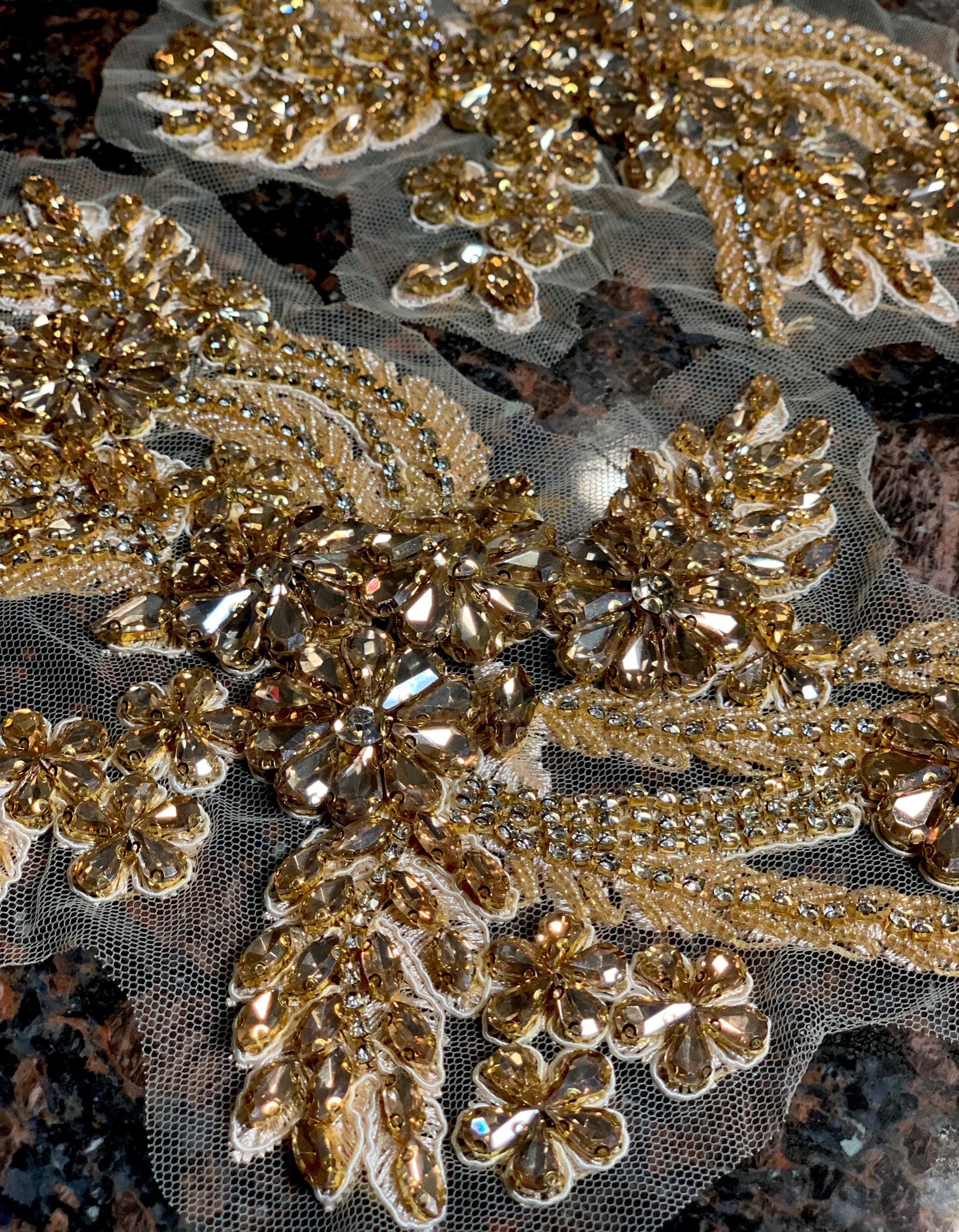High-Quality Beaded Rhinestone Appliques for Couture Design - Champagne/Gold