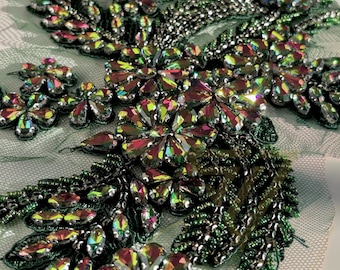 High-Quality Beaded Rhinestone Appliqués for Fashion Design - Iridescent Green
