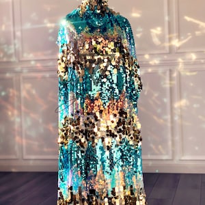 Mermaid Sequin Fabric By The Yard - Aqua Blue/Gold
