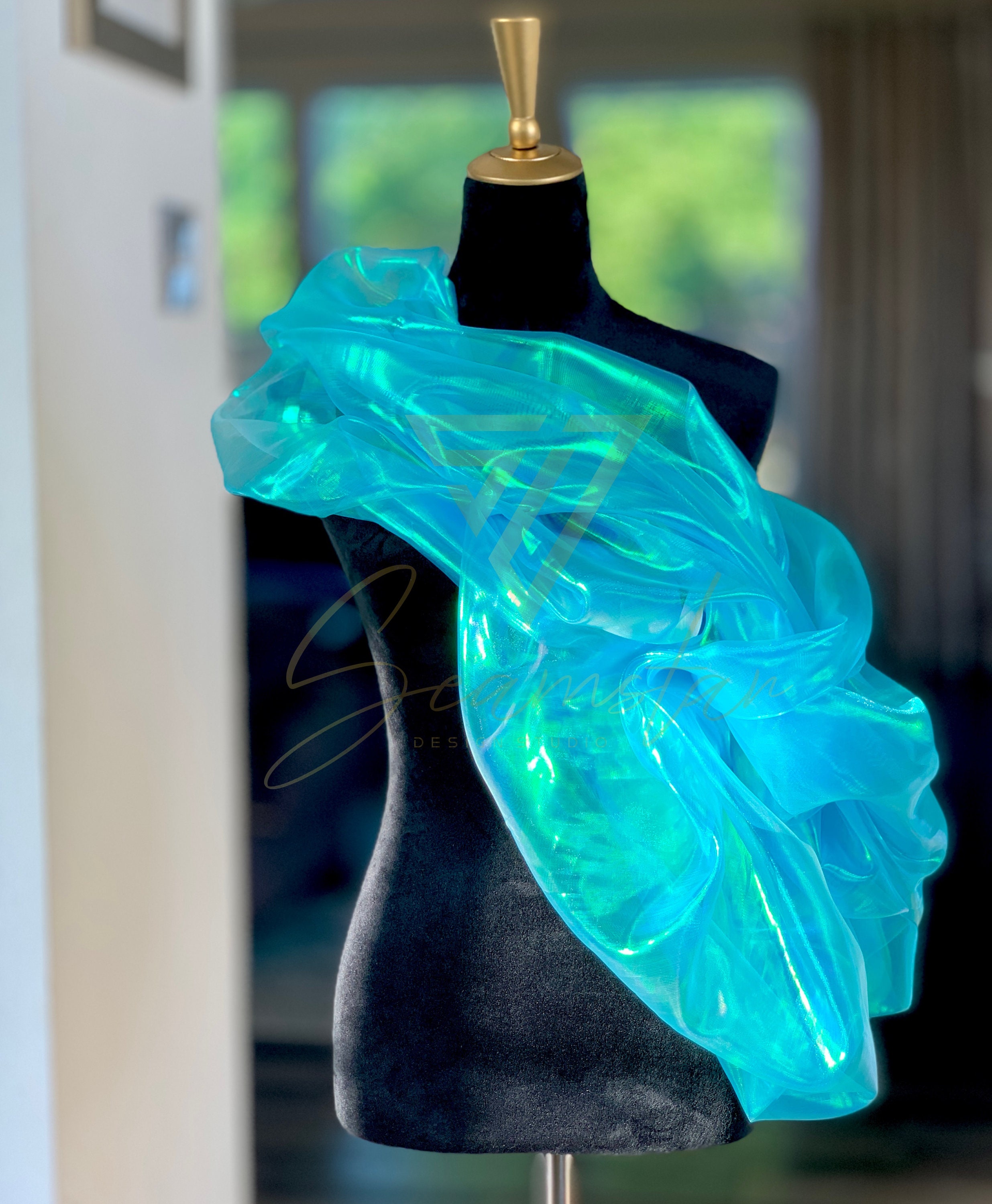 Iridescent Organza Fabric By The Yard - Aqua Blue