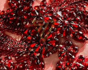 High-Quality Beaded Rhinestone Appliques for Couture Design - Red