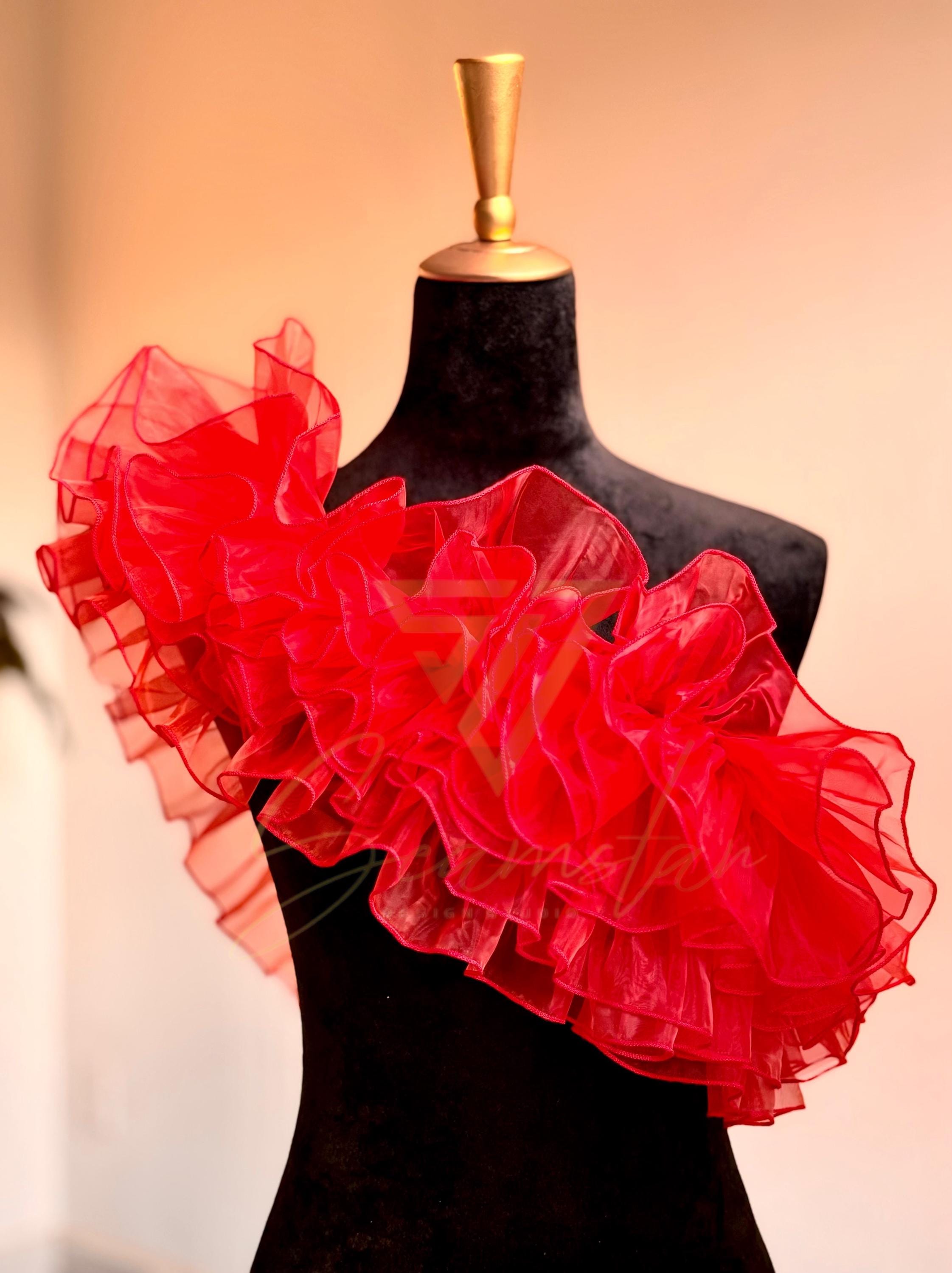 red ruffle blouse