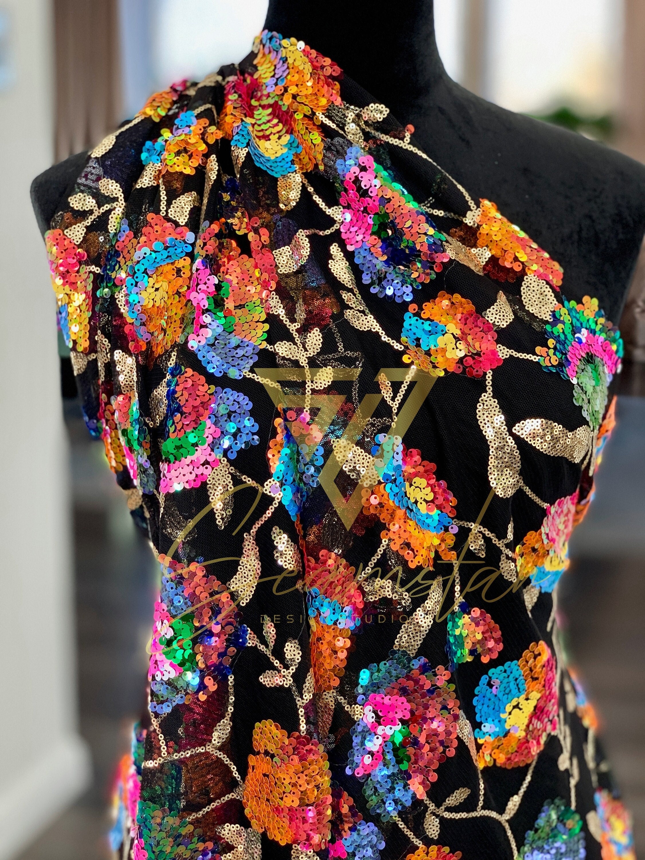Colorful Floral Sequin Lace Fabric by the Yard -Black