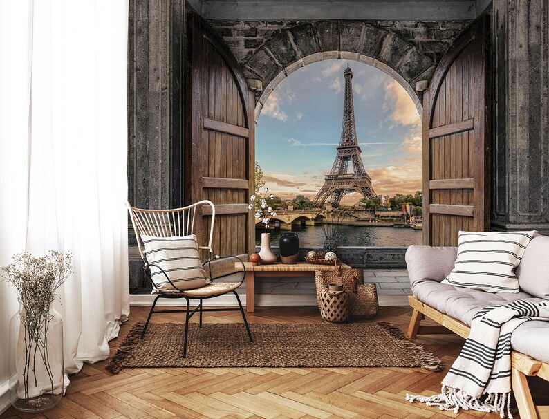 3D Paris Mural Wallpaper Eiffel Tower Paris view mural Etsy